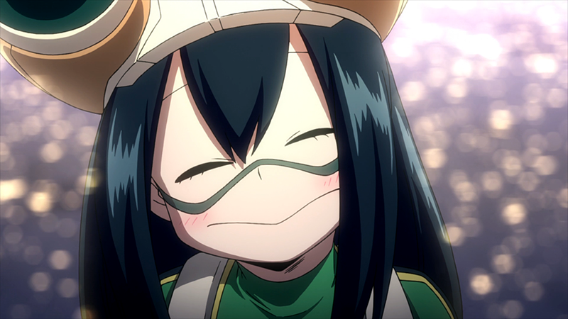 Tsuyu Asui, smiling with a sunset over water at her back.