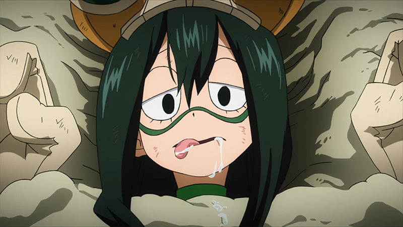 Tsuyu Asui sticks her tongue out, saliva dripping out of her mouth.