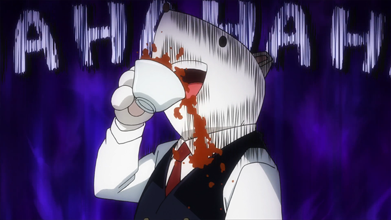 Principal Nezu, a mouse-like animal, laughs maniacally as he drinks a cup of tea.