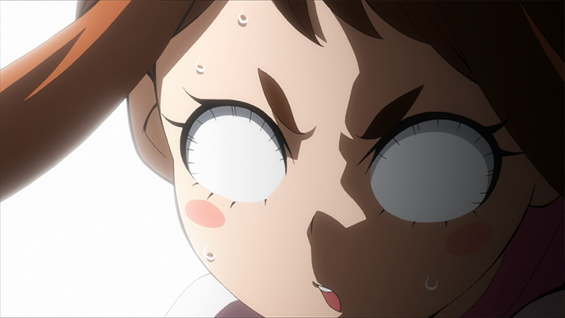 Ochaco Uraraka makes a determined, scary face. Only the whites of her eyes are visible.