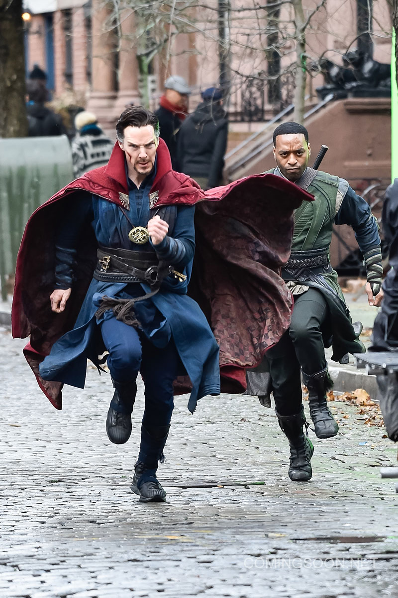 NEW YORK, NEW YORK - APRIL 02: Actors Benedict Cumberbatch (L) and Chiwetel Ejiofor are seen filming "Doctor Strange" on location on April 2, 2016 in New York City. (Photo by Michael Stewart/GC Images)