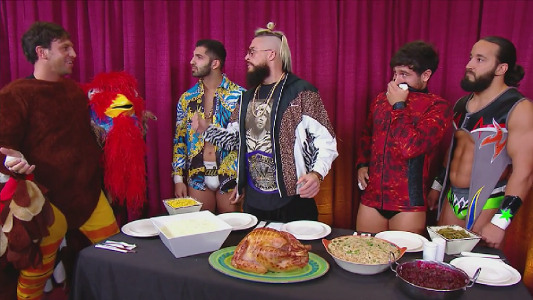 Drew Gulak dresses as a turkey to entertain his 205 Live teammates