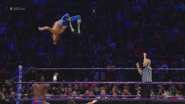 Mark Andrews hits a shooting star press on WWE's 205 Live