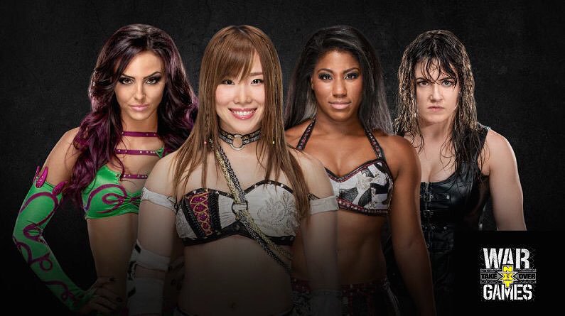 Peyton Royce, Kairi Sane, Ember Moon, and Nikki Cross in a promotional photo for an NXT TakeOver women's championship match