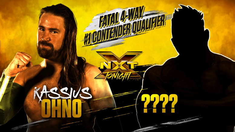WWE NXT match card featuring Kassius Ohno and a silhouette of an unknown opponent