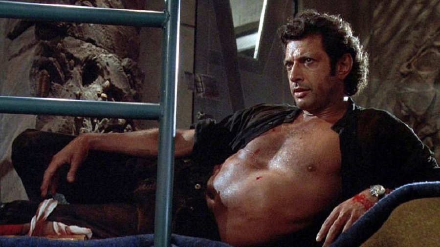 Dr. Ian Malcolm, bare-chested and reclining, Jurassic Park 1993